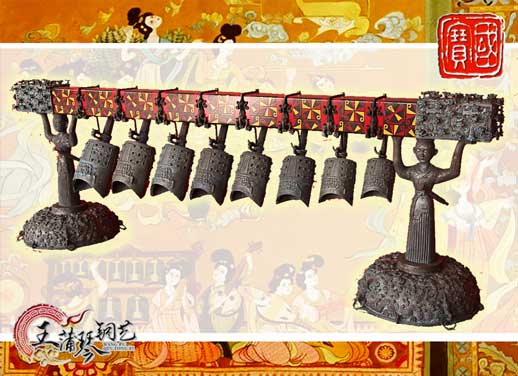 8件古編鐘，銅人銅座裝飾，可發(fā)音